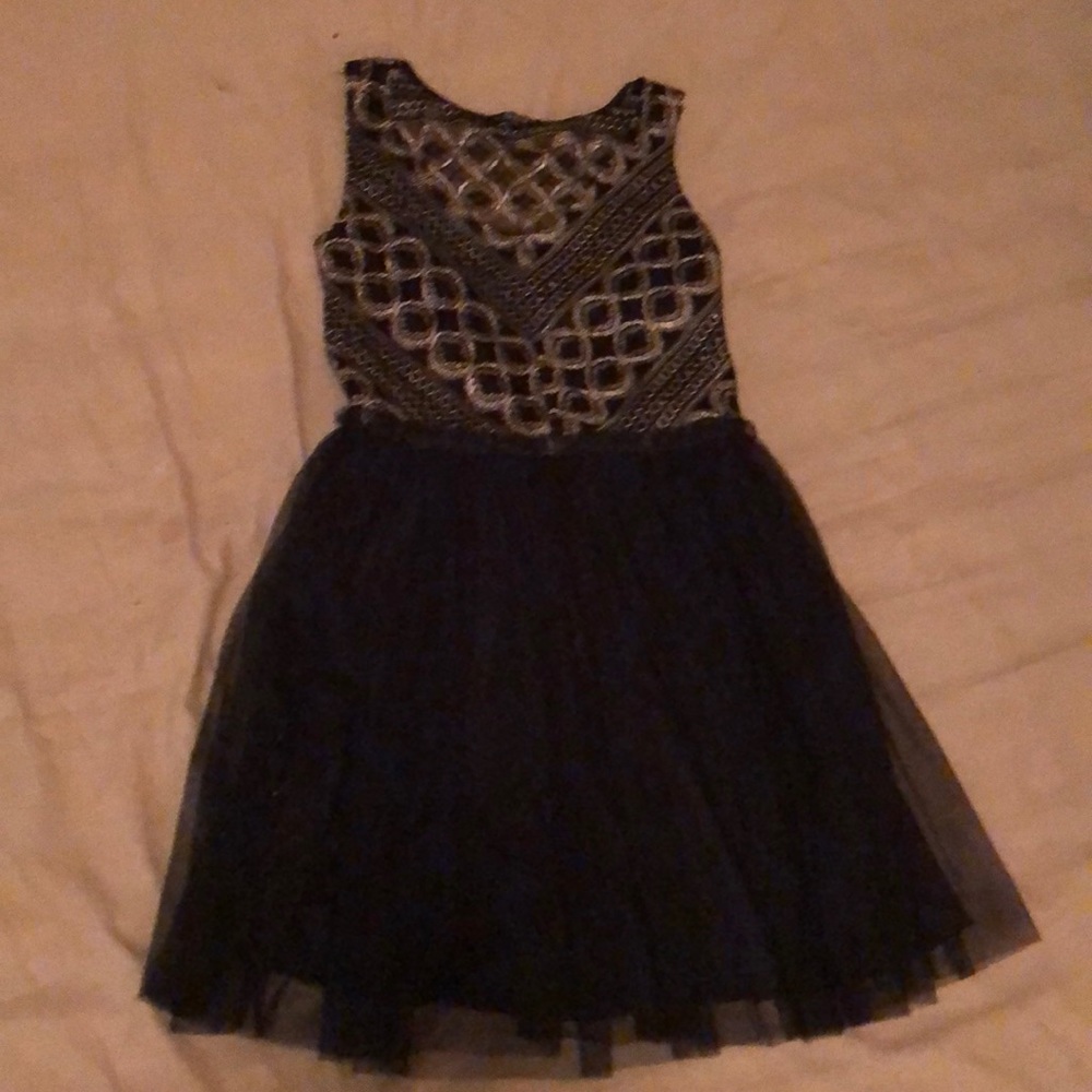 Black and gold v neck dress